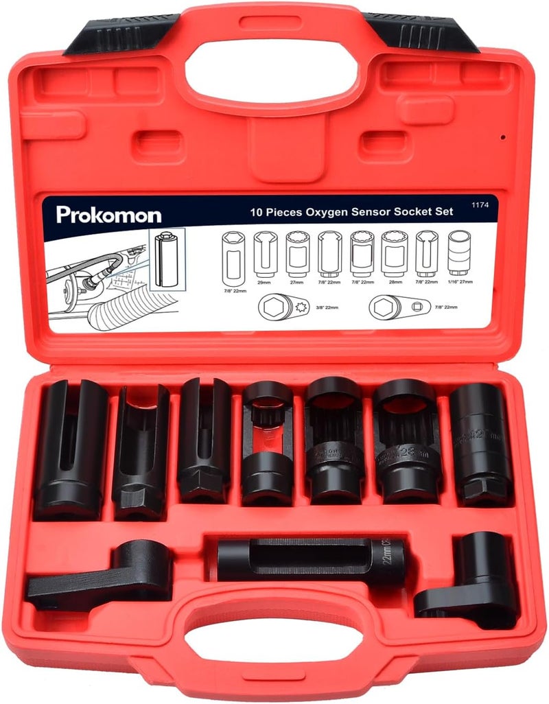 Prokomon 10pcs Oxygen Sensor Socket Set, O2 Sensor Removal Kit, Oil Pressure Sensor Socket Wrench Set 1/2" 3/8" Drives, Oxygen Thermal Oil Pressure Sensor Removers - Image 1