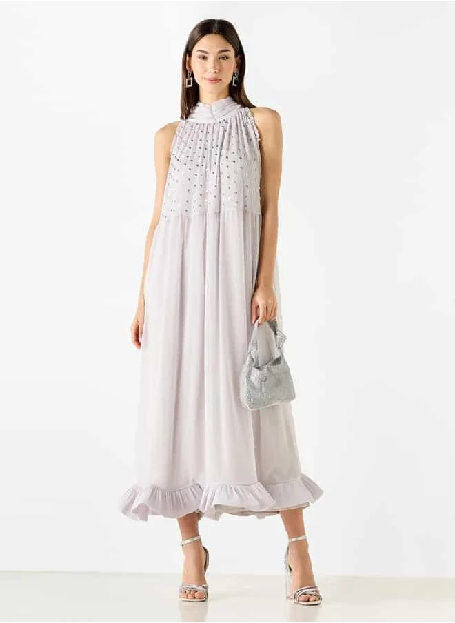 Iconic Iconic Embellished Sleeveless Midi Dress with High Neck and Flounce Hemline