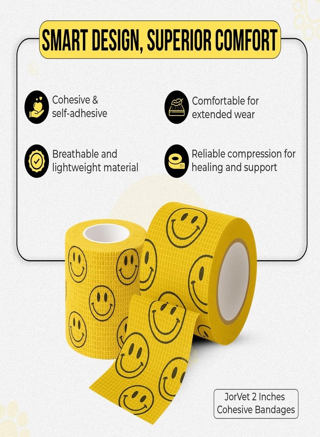 JorVet 2 Inches Cohesive Bandages | Fun Self-Adhesive Wrap for Animal Wound Care | Easy Tear, No Scissors Needed | Individually Wrapped Vet Tape, Secure & Flexible | Smiley Face Yellow | Pack of 12 - Image 4