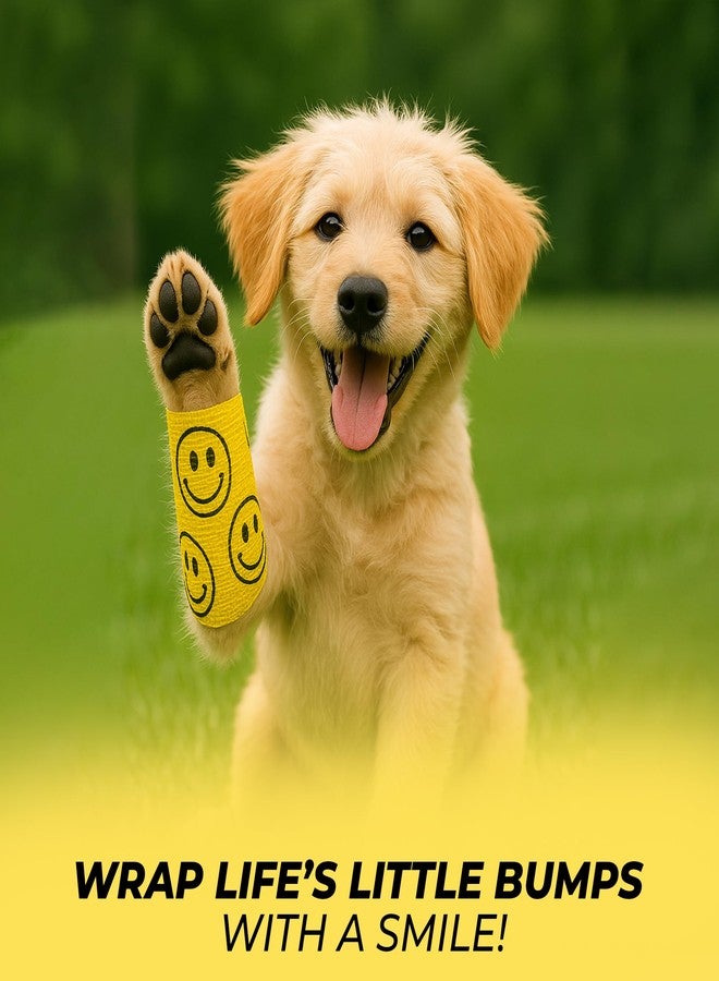 JorVet 2 Inches Cohesive Bandages | Fun Self-Adhesive Wrap for Animal Wound Care | Easy Tear, No Scissors Needed | Individually Wrapped Vet Tape, Secure & Flexible | Smiley Face Yellow | Pack of 12 - Image 5