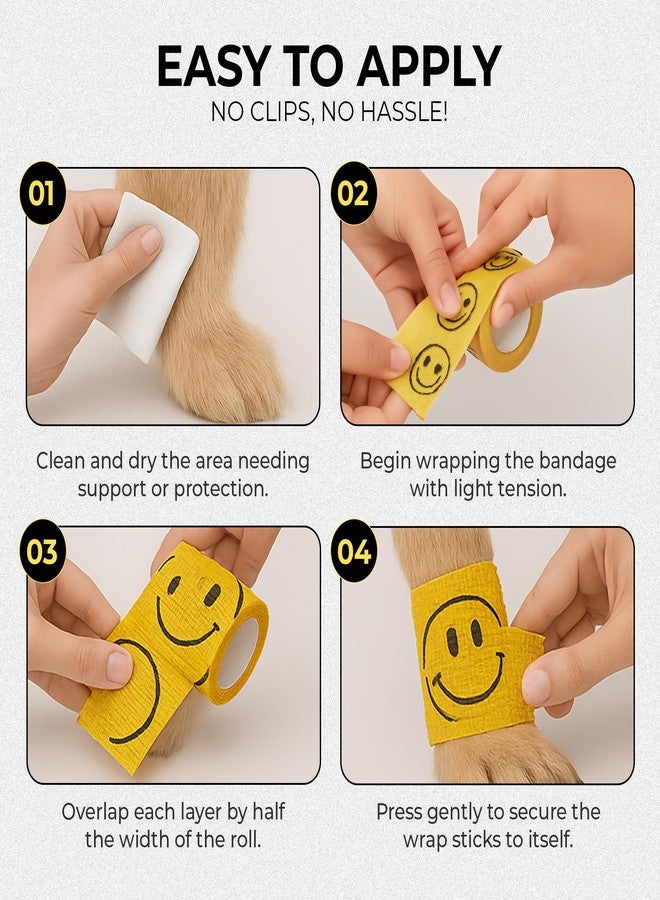 JorVet 2 Inches Cohesive Bandages | Fun Self-Adhesive Wrap for Animal Wound Care | Easy Tear, No Scissors Needed | Individually Wrapped Vet Tape, Secure & Flexible | Smiley Face Yellow | Pack of 12 - Image 3