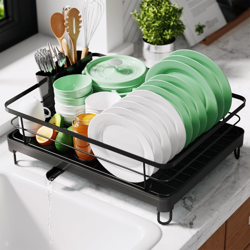 Kitsure Dish Drying Rack for Kitchen Counter, Stainless Steel Sink Organization and Storage Essentials with Cutlery Holder, Home and Appartment Decor, 12.7''W x 16.7''L, Black - Image 1