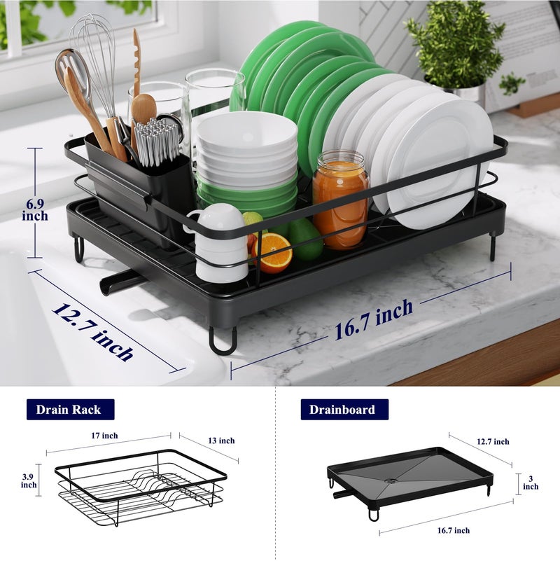 Kitsure Dish Drying Rack for Kitchen Counter, Stainless Steel Sink Organization and Storage Essentials with Cutlery Holder, Home and Appartment Decor, 12.7''W x 16.7''L, Black - Image 2