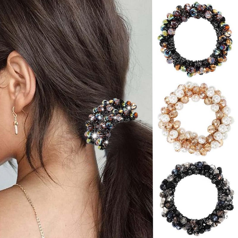 Unicra Pearl Hair Ties Beaded Fancy Elastic Hair Scrunchies Set Fashion Decorative Ponytail Holder Pearls Hair Accessories for Women and Girls 3PCS PearlRhinestone