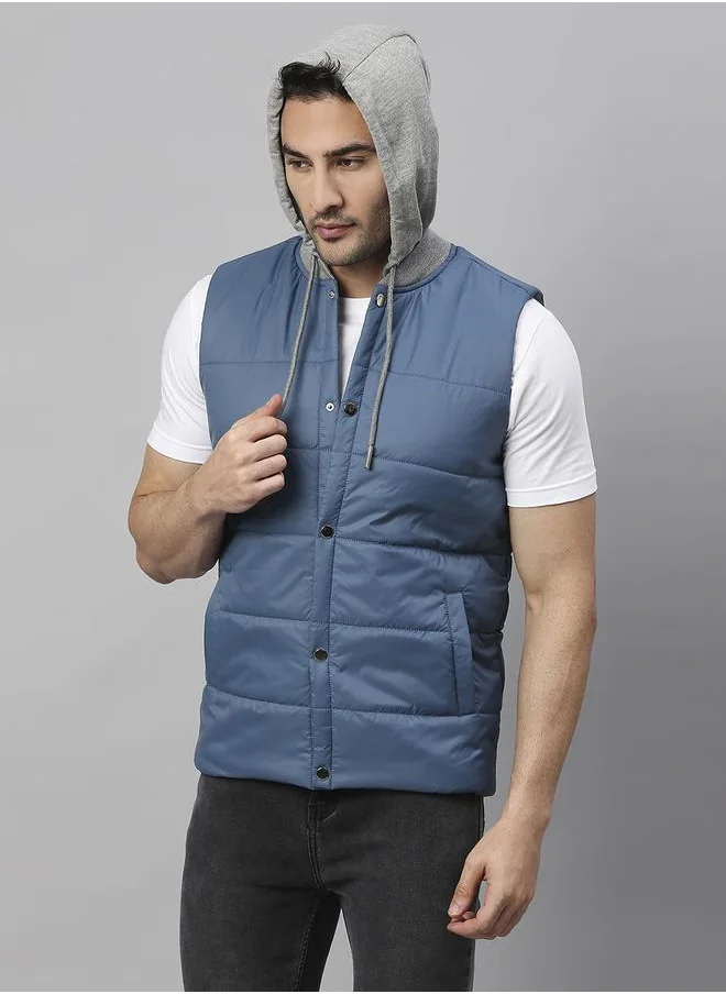 Dennis Lingo Bright Navy Regular Fit Men's Solid Hooded Sleeveless Polyester Jacket with Zipper Closure