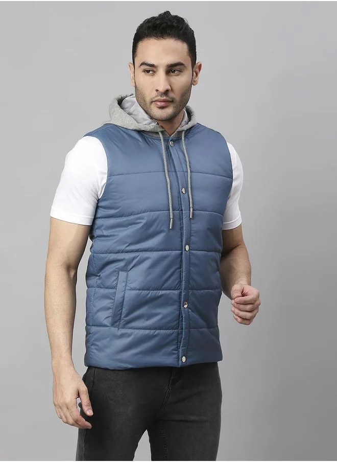 Dennis Lingo Bright Navy Regular Fit Men's Solid Hooded Sleeveless Polyester Jacket with Zipper Closure