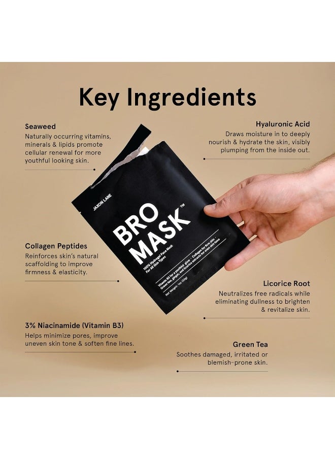 JAXON LANE - Bro Mask: Korean Face Mask For Men | 2 Pc. Hydrating Anti Aging Sheet Masks Contains Vitamin C, Vitamin E, Hyaluronic Acid, Hydrolyzed Collagen For Face Care & Acne Treatment (4 Pack) - Image 1