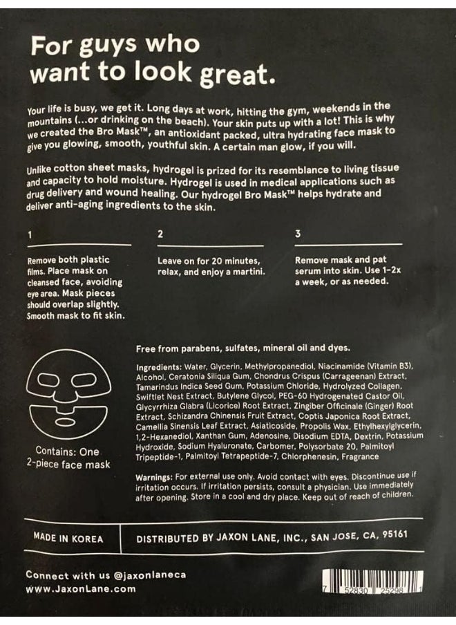 JAXON LANE - Bro Mask: Korean Face Mask For Men | 2 Pc. Hydrating Anti Aging Sheet Masks Contains Vitamin C, Vitamin E, Hyaluronic Acid, Hydrolyzed Collagen For Face Care & Acne Treatment (4 Pack) - Image 1