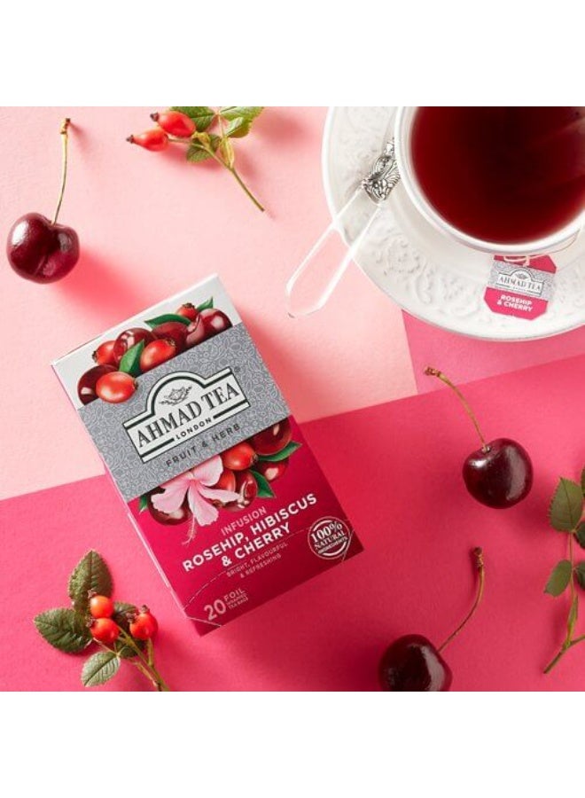 Ahmad Tea London Rosehip, Hibiscus & Cherry Herbal Infusion Tea Bags – 20 Foil Wrapped Tea Bags – Fruity Herbal Tea with Rosehip, Hibiscus Flowers & Cherry Flavor – Refreshing Caffeine Free Natural Fruit Infusion Drink - Image 3