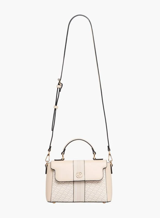 Celeste Monogram Print Satchel Bag with Detachable Strap and Flap Closure