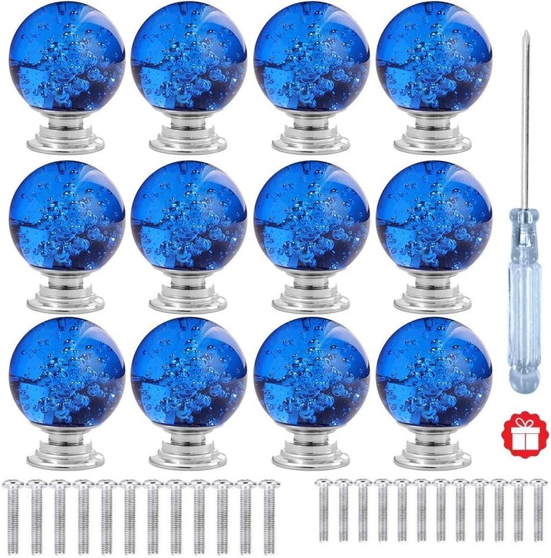 ANJUU 12 Pcs 30mm Round Shape Bubble Crystal Glass Cabinet Knobs with Screws Drawer Knob Pull Handle Used for Kitchen Dresser Door Cupboard Dark Blue - Image 1
