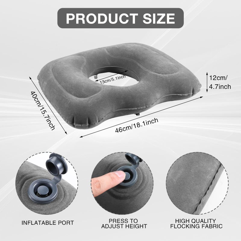 Leinuosen 1 Pcs Inflatable Seat Cushion 18.1'' x 15.7'' x 4.7'' Portable Lift Donut Pillow Height Adjustable Hemorrhoid Pillow for Tailbone Back Pain Bed Sore Home Car Chair Wheelchair Sitting (Grey) - Image 2