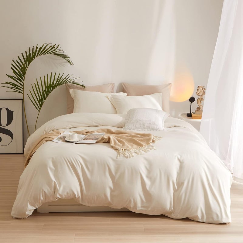 AMWAN Cream White Duvet Cover Queen Size Soft Washed Microfiber Ivory Duvet Cover with Zipper Closure Boho 3 Pieces Bedding Set Off White Comforter Cover 1 Cream Duvet Cover 90”x90” with 2 Pillowcases - Image 1