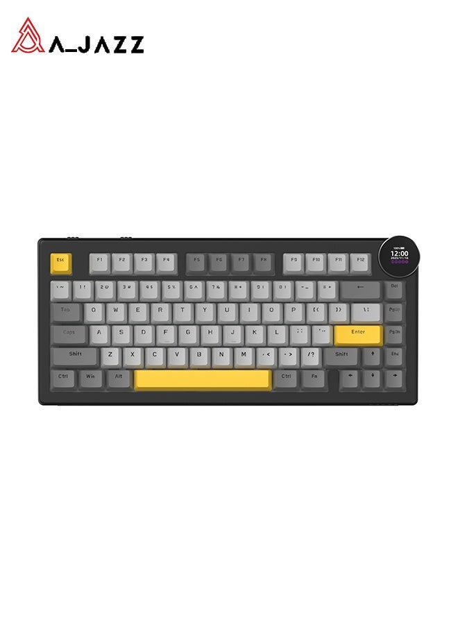 A-jazz AK820 V2 Three-Mode Mechanical Gaming Keyboard, 0.9-inch TFT Smart Display Knob, 2.4 GHz/Bluetooth Wireless/Wired, Hot-Swappable, PBT Keycaps, 5-Layer Spacers, Thocky Switches, 75% Gaming Keyboard (Gray/Yellow, Coconut Cream) - Image 1