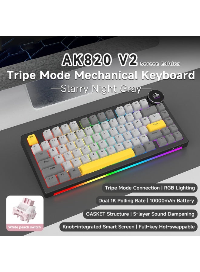 A-jazz AK820 V2 Three-Mode Mechanical Gaming Keyboard, 0.9-inch TFT Smart Display Knob, 2.4 GHz/Bluetooth Wireless/Wired, Hot-Swappable, PBT Keycaps, 5-Layer Spacers, Thocky Switches, 75% Gaming Keyboard (Gray/Yellow, Coconut Cream) - Image 2