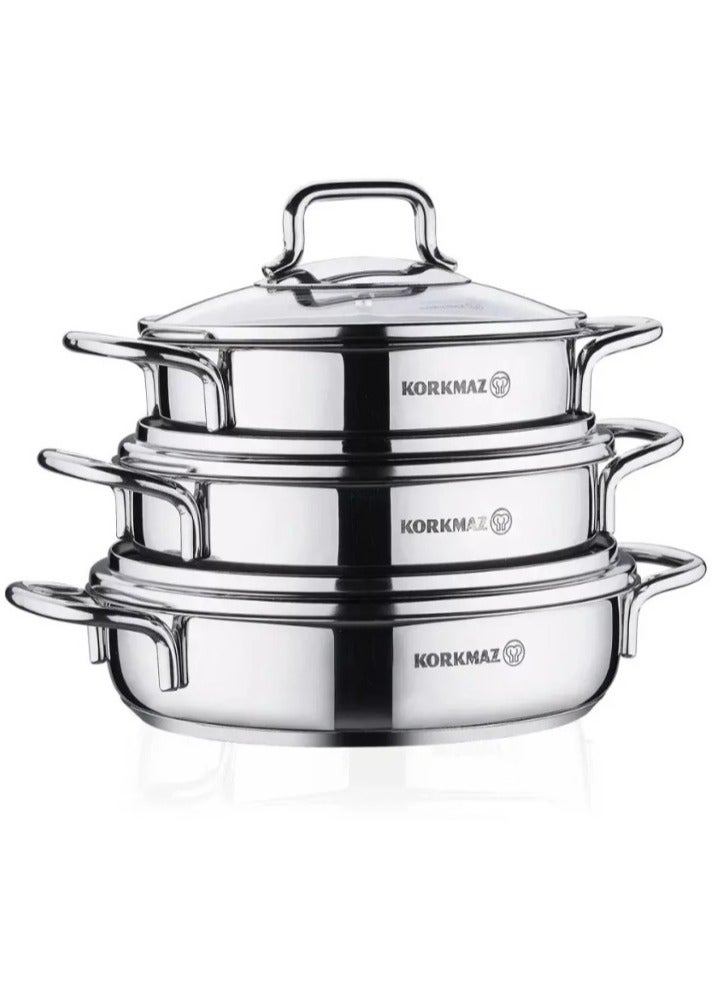 Korkmaz Korkmaz Perla Turkish Steel Omelette Set 18/10 with Transparent Lid, 6 Pieces - Image 1