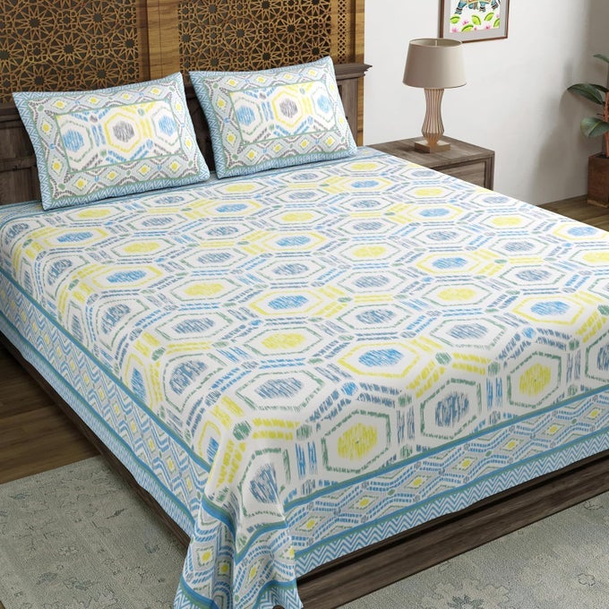 HAND BLOCK PRINT COTTON KING SIZE BEDSHEET 90 X 108 INCH GREY IKAT