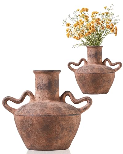 UPWOIGH 9.3in Tall Vintage Handles Terracotta Vase, Rustic Brown Ceramic Pottery Jug with Distressed Black Markings, Mediterranean Farmhouse Table or Mantel Decor, Antique Gift 1Pack - Image 1