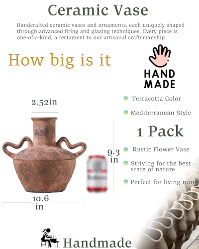 UPWOIGH 9.3in Tall Vintage Handles Terracotta Vase, Rustic Brown Ceramic Pottery Jug with Distressed Black Markings, Mediterranean Farmhouse Table or Mantel Decor, Antique Gift 1Pack - Image 3