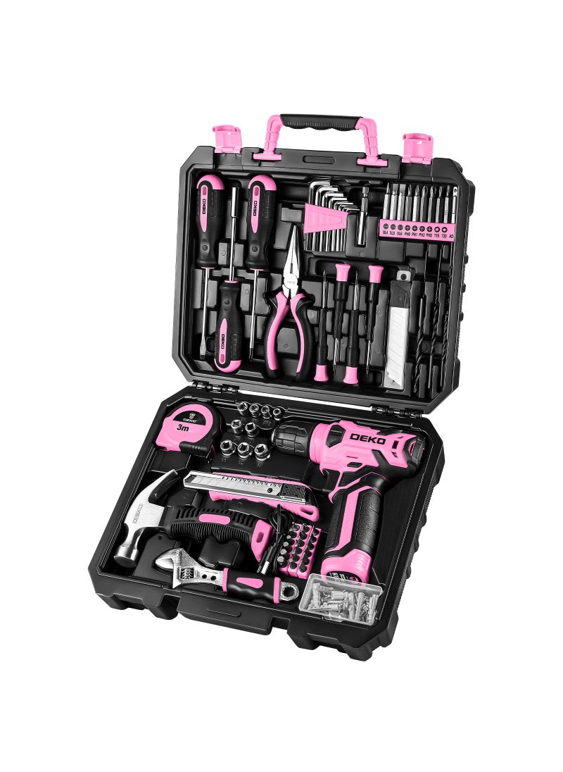 DEKOPRO DEKOPRO Drill Set: Tool Set with 8V Pink Cordless Drill, Home Tool Kit with Drill, Hand Tool Kits for Women 126 Piece  - Image 1