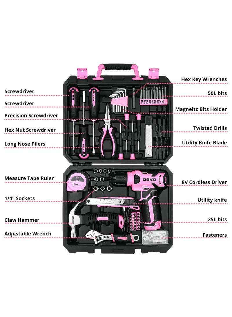 DEKOPRO DEKOPRO Drill Set: Tool Set with 8V Pink Cordless Drill, Home Tool Kit with Drill, Hand Tool Kits for Women 126 Piece  - Image 2