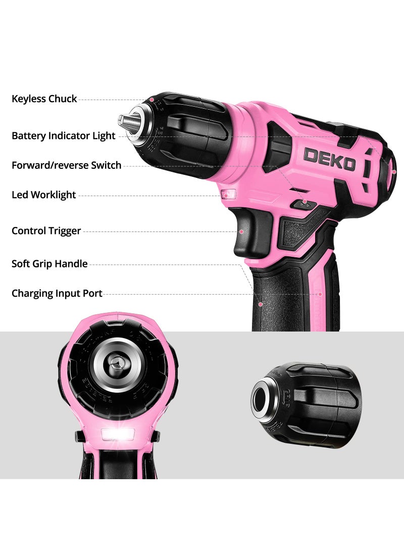 DEKOPRO DEKOPRO Drill Set: Tool Set with 8V Pink Cordless Drill, Home Tool Kit with Drill, Hand Tool Kits for Women 126 Piece  - Image 4