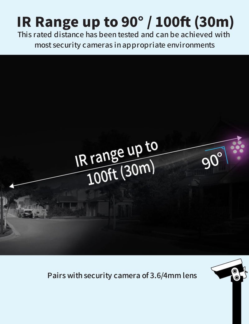 Tonton 2Pack LED IR Illuminator Wide Angle 8-LEDs 90 Degree 100Ft IR Infrared Flood Light, Compatible for CCTV Security Cameras,IP Camera,Bullet Camera,Dome Camera(Black) - Image 3