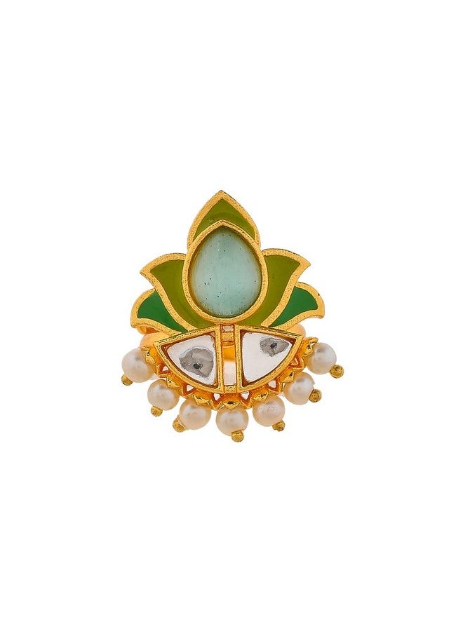 VOYLLA Forever More Floral Green Stone Enamelled Cocktail Ring|Enameled Ring For Women|Adjustable Ring|Wedding|Gift For Women| - Image 1