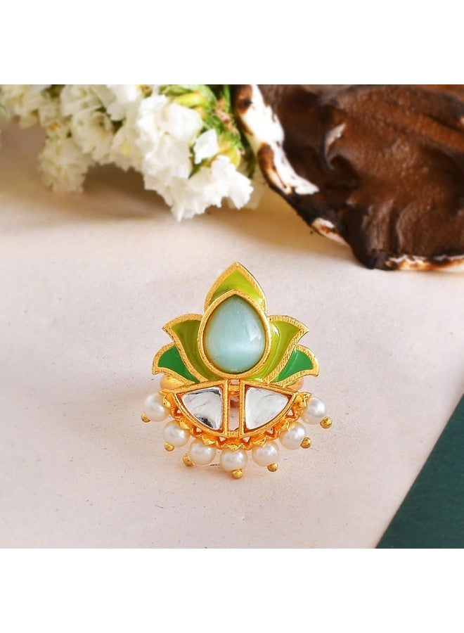 VOYLLA Forever More Floral Green Stone Enamelled Cocktail Ring|Enameled Ring For Women|Adjustable Ring|Wedding|Gift For Women| - Image 2