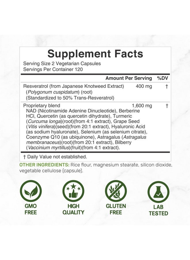 ملحق الصفقة مركب ريسفيراترول 2000 مجم، 240 كبسولة نباتية - ريسفيراترول فائق القوة مع كيرسيتين، وأدنين أميد النيكوتين، والكركمين، وبذور العنب، والمزيد - مضاد للأكسدة يساعد على تعزيز الطاقة ودعم الدماغ أثناء الشيخوخة الصحية - Image 2