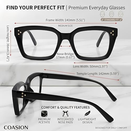 COASION Classic Non-prescription Clear Lens Eyeglasses for Women Thick Square Frame Eyewear (Bright Black) - Image 5