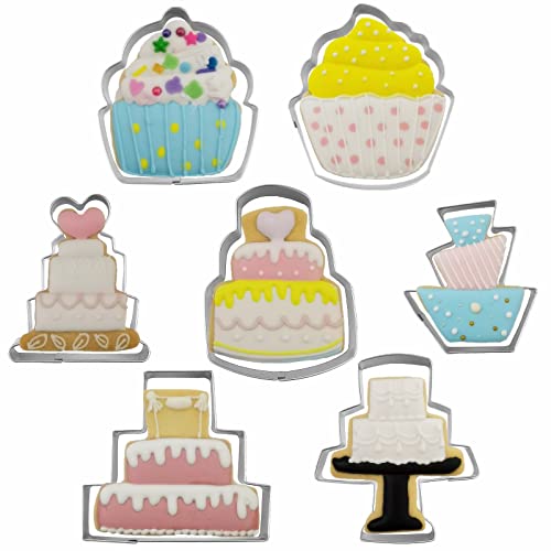 Comais Cake Shaped Cookie Cutters Set of 7 pcs, Stainless Steel Cupcake/Birthday Cake/Wedding Cake Series Fondant Cutter Molds Baking DIY - Image 1