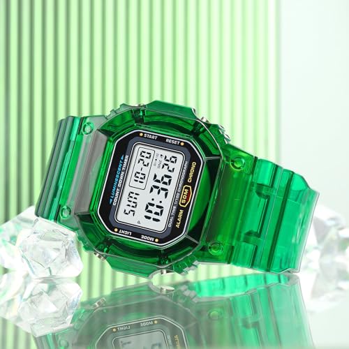 Gosasa Women's Men Youth Square Full Transparent Digital Watch Chronograph Countdown Dual Time Waterproof Watch (Green) - Image 5