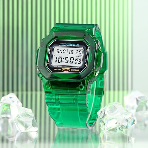 Gosasa Women's Men Youth Square Full Transparent Digital Watch Chronograph Countdown Dual Time Waterproof Watch (Green) - Image 4