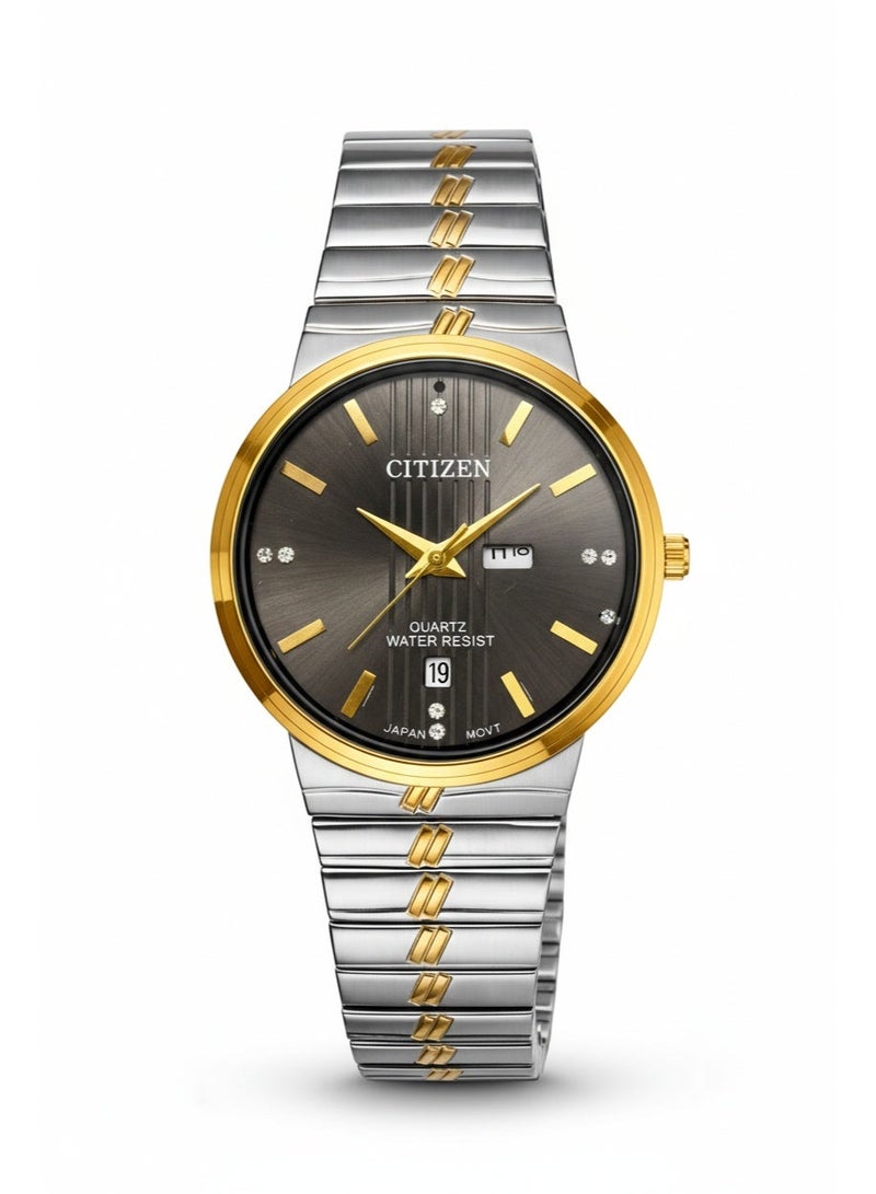 سيتيزن طقم ساعات سيتيزن كوارتز توينز رجالي ونسائي ستانلس ستيل ثنائي اللون ميناء أسود عرض يوم وتاريخ - Image 5
