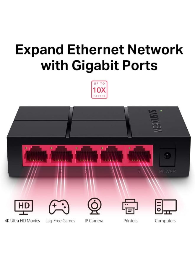 MERCUSYS 5-Port Gigabit Desktop Switch
PORT: 5× Gigabit Ports
SPEC: Plastic Case
FEATURE: Plug and Play, Power Saving, Compact design Black - Image 3