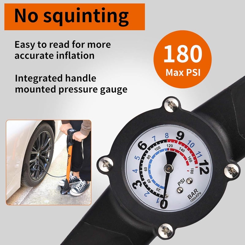 TOOLITIN Floor Bike Pump with Gauge,160 PSI High Pressure,Bicycle Pump Compatible with Presta and Schrader Valve - Image 2