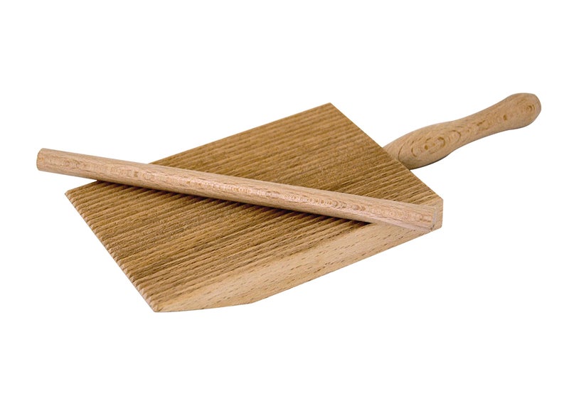 Tredoni Professional Gnocchi/Garganelli Wood Paddle Slanted Ridge Board Pasta Maker + Stick, 3.6x5" (9x12.5 cm)