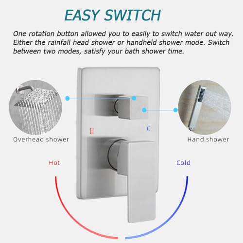 Heable Brushed Nickel Shower System with 8'' Rainfall Shower Head, Handheld Shower head, Bathroom Luxury Rain Mixer Shower Combo Set Wall Mounted Shower Faucet Rough-in Valve and Trim Kit - Image 3