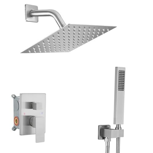Heable Brushed Nickel Shower System with 8'' Rainfall Shower Head, Handheld Shower head, Bathroom Luxury Rain Mixer Shower Combo Set Wall Mounted Shower Faucet Rough-in Valve and Trim Kit - Image 1