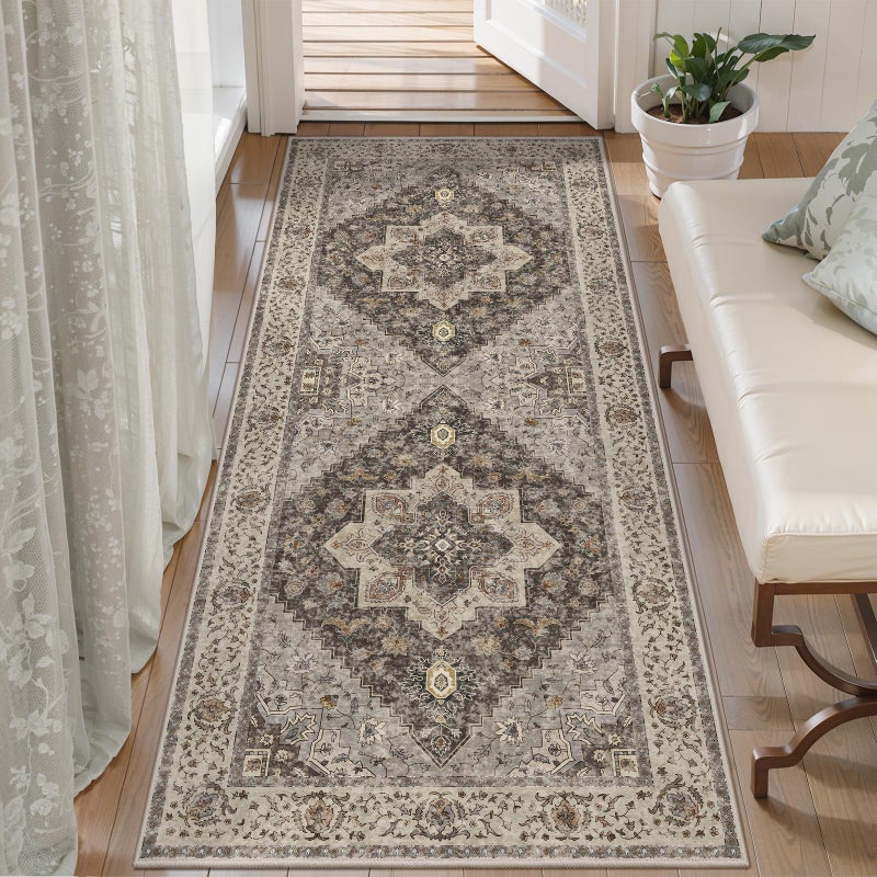 Tangsoo 2x5 Washable Runner Rug for Hallways, Non Slip Vintage, Soft Low Pile Long Runner, Print Distressed Grey Runners for Kitchen Bedroom Entryway Bathroom Living Room - Image 1