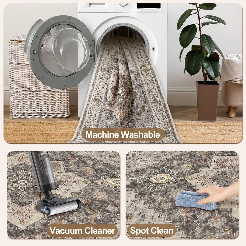 Tangsoo 2x5 Washable Runner Rug for Hallways, Non Slip Vintage, Soft Low Pile Long Runner, Print Distressed Grey Runners for Kitchen Bedroom Entryway Bathroom Living Room - Image 4