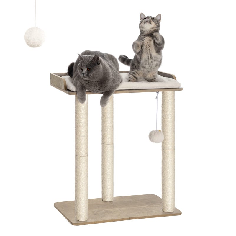 FourFurPets 26.7in Large Cat Tree Tower Condo, Cat Scratch Posts for Indoor Cats, Big Plate, Three 23.6in Full Sisal Scratching Posts, Greige - Image 1