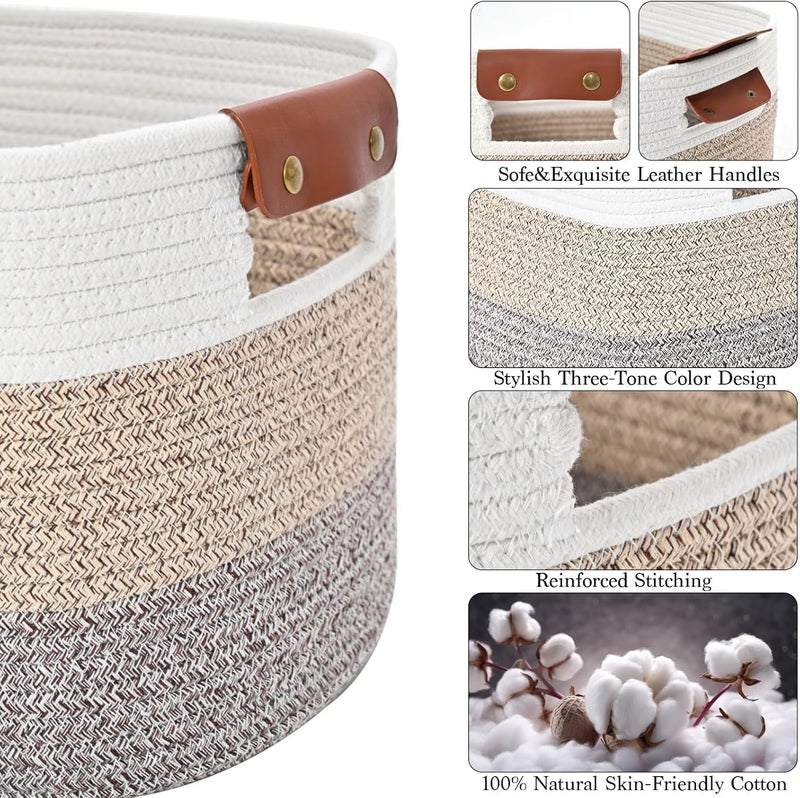 Velora Cotton Rope Storage Basket Woven Shelf Storage Bin with Detachable Leather Handles, Decorative Closet Shelf Woven Basket (Gradient Brown 1PACK) - Image 3