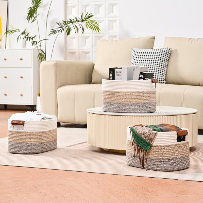 Velora Cotton Rope Storage Basket Woven Shelf Storage Bin with Detachable Leather Handles, Decorative Closet Shelf Woven Basket (Gradient Brown 1PACK) - Image 4