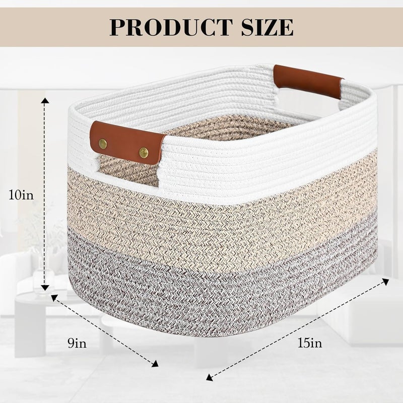 Velora Cotton Rope Storage Basket Woven Shelf Storage Bin with Detachable Leather Handles, Decorative Closet Shelf Woven Basket (Gradient Brown 1PACK) - Image 2