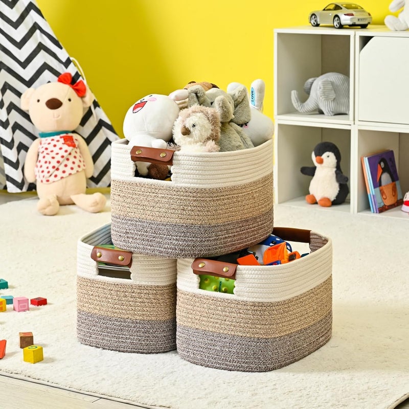 Velora Cotton Rope Storage Basket Woven Shelf Storage Bin with Detachable Leather Handles, Decorative Closet Shelf Woven Basket (Gradient Brown 1PACK) - Image 5