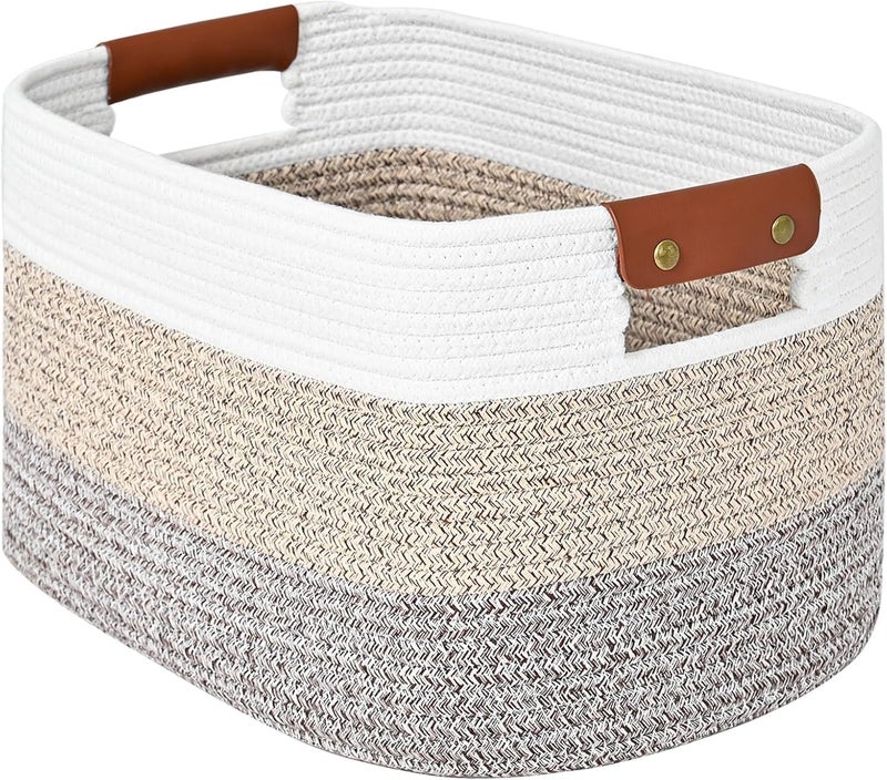 Velora Cotton Rope Storage Basket Woven Shelf Storage Bin with Detachable Leather Handles, Decorative Closet Shelf Woven Basket (Gradient Brown 1PACK) - Image 1