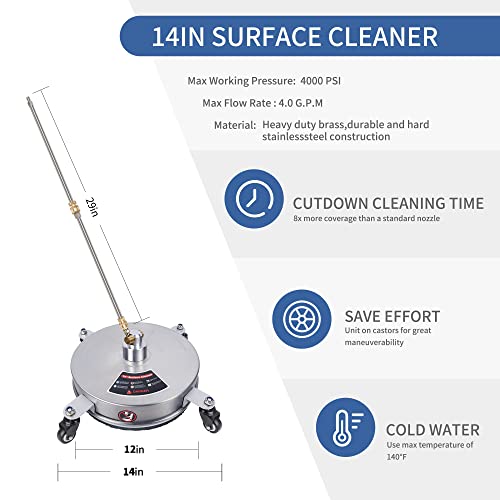 Biswing 14" Pressure Washer Surface Cleaner with 4 Wheels, Stainless Steel Power Washer Accessory for Driveways Sidewalks Patios Cleaning, 1/4" Quick Connector, 2 Extension Wand Attachments, 4000 PSI - Image 2