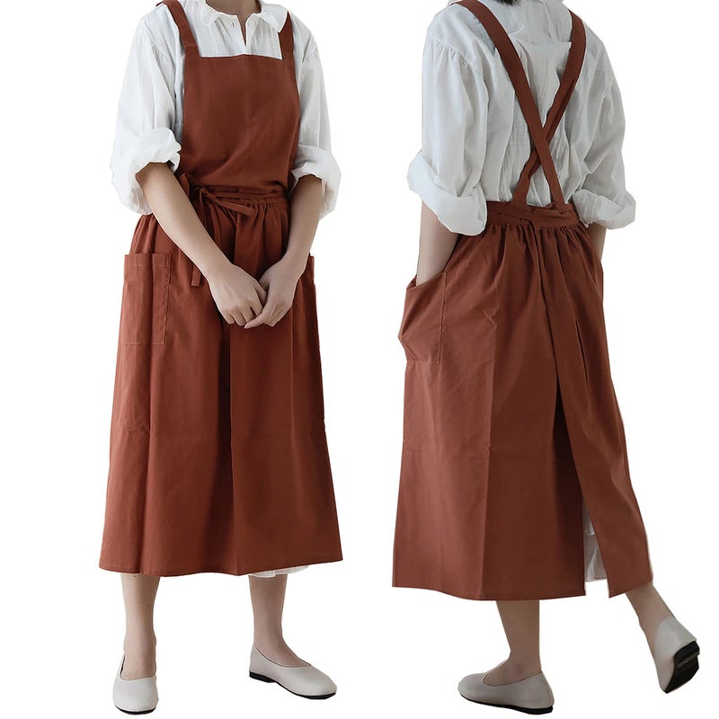 VLZUFE Women Cotton Linen Cross Back Apron with Pockets for Gardening Works Pinafore Dress